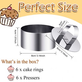 DATANYA - Molde redondo para tartas de acero inoxidable de 3.15 pulgadas con empujadores, anillos de repostería, molde para hornear postres (6 anillos y 6 empujadores)