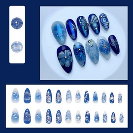 24 Uas Postizas De Verano En Almendra Y Cromo, Kit De Uas Acrlicas De Cobertura Completa, Uas Postizas Adhesivas Con Diseo De Flores De Concha 3D Para Mujer.