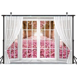 7x5ft Spring Window Scenery Backdrop White Window Sunshine Pink Cherry Blossom Tree Natural Photography Background for Newborn Baby Kids Birthday Photo Shoot Booth Props (Pink)
