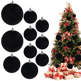 Funzhan 10pcs Velvet Hanging Balls Shatterproof Ornament Flocked Foam Decoration mixed Size Vintage Delicate Bauble Christmas Indoor Porch Black