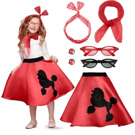 Toulite 7 Pcs Kid's 50s Costume Girl Poodle Skirt Polka Dot Skirt 1950s Grease Accessories Outfit Scarf Glass Bandana Earring(Red, 7-12 Y)