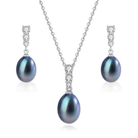BAMIKI Black Pearl Necklace and Earrings Set – Saltwater Cultured Baroque Pearl 9-10mm, 925 Sterling Silver Set, Jewelry Gifts for Women
