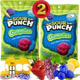 (PACK OF 2) Sour Punch Gummies - 6.75oz Each Bag - NEW - Blue Raspberry, Strawberry, Grape, Lemon Flavors - Sour, Chewy & Gummies Candy - Comes With Resealable ZipBag by Think Candy (Sour Gummies)