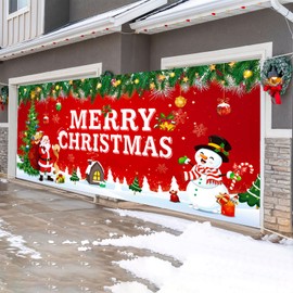 Outdoor Christmas Holiday Garage Door Banner Cover Large 2022 Christmas Santa Claus Snowman Backdrop Decoration Merry Christmas Garage Door Mural for Xmas Winter Holiday Outdoor Background Sign 6x13ft