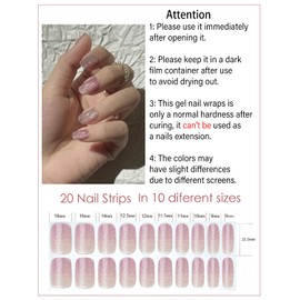Wahrshei Semi Cured Gel Nail Strips | Nude Cat Eye Gradient 20pcs Semi Cured Gel Nails Sticker | Gel Nail Wraps UV for Home Nails DIY