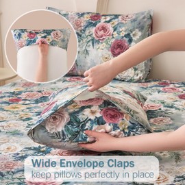 Huborise 100% Cotton Blue Floral Pillow Cases Standard Size Set of 2, 19''×29'', Shabby Vintage Chic Peony Flower Printed Silky Pillow Covers Luxury Soft Envelope Queen Cooling Pillowcase Protectors