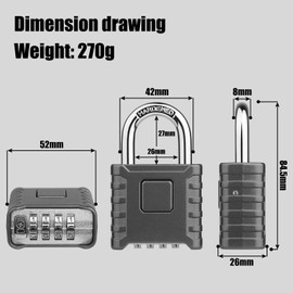 Diyife Heavy Duty Combination Padlocks Outdoor, [Weatherproof] 52mm Large 4 Digit Code Padlock with 8mm Thick 304 Stainless Steel Shackle for Garage, Home, School, Gate, Shed, Fence, Gym (Grey)