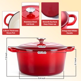 HaSteeL 6 Quart Cast Iron Dutch Oven, Pre-seasoned Enamel Cooking Stock Pot with Lid, Non-stick Round Cookware for Sourdough Bread Baking Roasting Stewing Braising Frying, Heavy Duty & Oven Safe (Red)