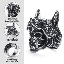 KIRTIJW Skull Rings for Men Stainless Steel Gothic Biker Punk Wolf Skull Ring Jewelry for Men Size 8