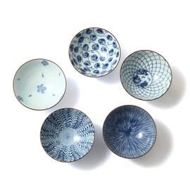 Mino Ware Japanese Pottery Set - Traditional Rice Bowls - Blue and White Asian Bowls - Hand Painted - Premium Ceramic - 5 Piece Soup Bowl Set