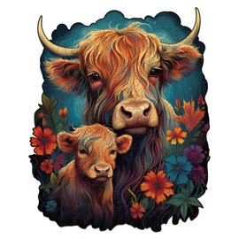 WOODBESTS Wooden Puzzle for Adults, Highland Cattle Family Puzzle (M, 200pcs, 9.2"x11.4") Beautiful Wooden Box, Wooden Jigsaw Puzzles Unique Shape, Birthday Gifts for Adults and Kids Family Game