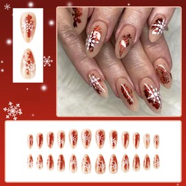 24 PCS Christmas Press on Nails Pink Short Almond - ZWENJIE Fall Winter Cute Red Glossy Glitter Fake Nails Full Cover Artificial Acrylic False Nail Snowflake Designs Xmas Holiday Glue on Nails Kit