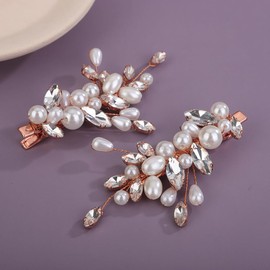 Teyglen 2Pcs Pearl Wedding Hair Clips Rose Gold Crystal Hair Barrette Rhinestone Pearl Bridal Hair Clips Pins Decorative Hair Jewelry Accessories for Women (Rose gold)