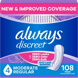 Always Discreet Adult Incontinence Pads for Women, Drier, 4 Drop Regular Length, Moderate Absorbency, Pads for Bladder Control Management, Bladder Leaks, & Postpartum Pads, 108ct