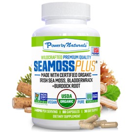 Power By Naturals Sea Moss Plus - USDA Organic Irish Sea Moss Capsules w/Wild Harvested Irish Seamoss, Bladderwrack & Burdock Root Immunity Supplement Sea Moss Pills for Adult 60Ct - 1 Pack