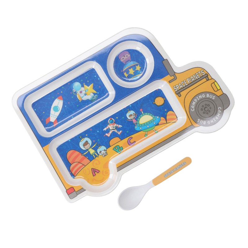 Kids Dinner Plate with Spoon Bamboo Fiber Divided Plates Cartoon