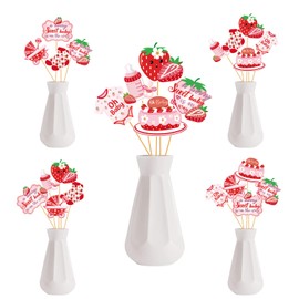 Hokinaa Strawberry Baby Shower Decorations - 24 Pcs A Berry Sweet Baby Is on The Way Centerpiece Sticks It's a Girl Gender Reveal Party Supplies Pink Red Fruit Table Toppers Decoration Set for Girls