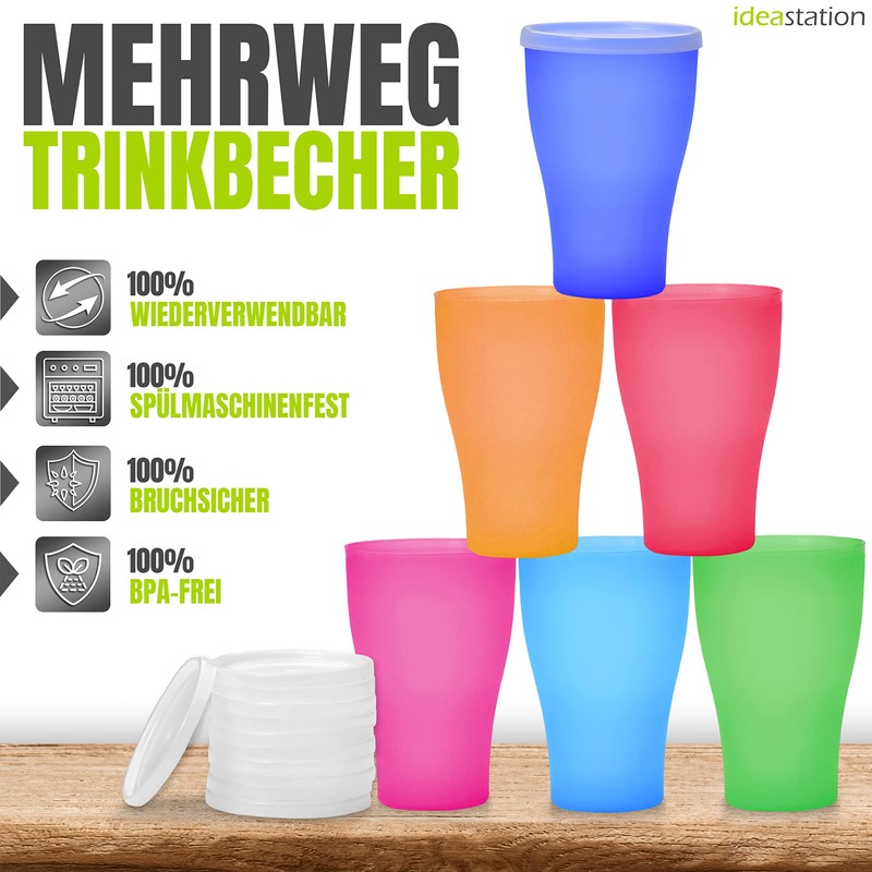 Idea-station NEO Plastic Cups Pack of 12, 450ml Colourful Reusable