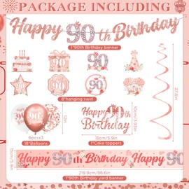 90th Birthday Decorations for Women Rose Gold 90th Birthday Banner