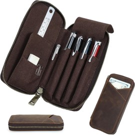 Dom Teporna Artisan Handmade Retro Leather Pencil Case Crazy Horse Leather 4 Pen Case Coffee Color Student Business Stylish Stationery Bag (Coffee, A Series)