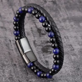 volcanic stone beaded bracelet hand-woven leather men's bracelet (Black & Blue)