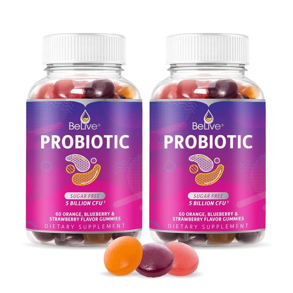 BeLive Probiotic Gummies - Probiotics with 5 Billion CFUs for Digestive Health, Men, Women & Kids Probiotic Supplements for Immune Support, Sugar Free & Vegan – Blueberry, Strawberry & Orange | 2-Pack