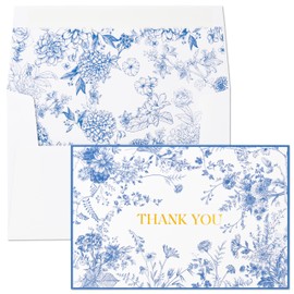 Crisky 100 Pack Blue Floral Thank you cards Gold Foil Greeting Notes Bulk with Envelopes & Stickers for Birthday, Baby Shower, Bridal Shower, Wedding, Graduation