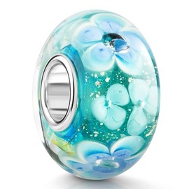 Murano Glass Bead with Blue Interior Materia Zircons - 925 Sterling Silver Flowers Charm Bead Murano Glas 1445# with Sleeve