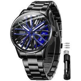 OLEVS Watches for Men Skeleton Quartz Racing Car Wheel Stainless Steel Casual Sports Waterproof Luminous Mens Watches