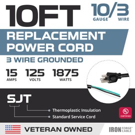 Iron Forge Cable 10 Gauge Replacement Power Cord 10 ft 3 Prong, 15 Amp Heavy Duty Extension Cable 10 Foot, SJT 10/3 Replacement Cable Black 3 Wire for Appliance & Power Tool Cord, NEMA 5-15P