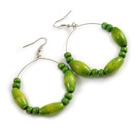 50mm Diameter Lime Green Wood Bead Hoop Drop Earrings In Silver Tone - 75mm Long