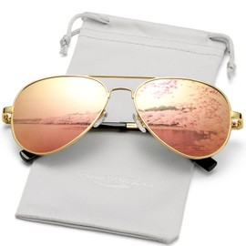 AIEYEZO Classic Aviator Polarized Sunglasses for Men Women Spring Hinge Metal Frame UV400 Protection (Gold/Pink Mirror)