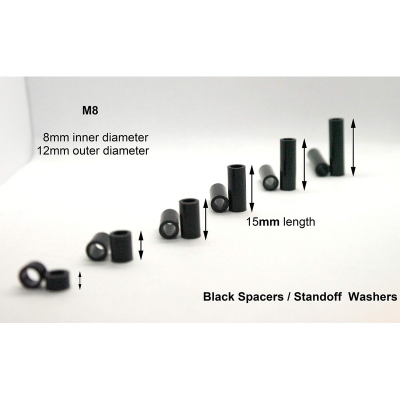 4 x Black Spacers Nylon M8 x 15mm Length, 8.3mm