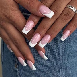 BAOYAALIN French White Press on Nails Medium Long Coffin Nude Fake Nails with Simple Design Glue on Nails for Women Girls Acrylic Ballerina False Nails Stick on Nails Press on Nail for Wedding 24Pcs
