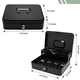 Secure Locking Cash Box with Key or comnination, Money Tray, and Organizer - Metal Money Safe for Cash Management (Black Key)