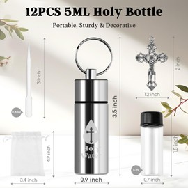 12 SET Holy Water Bottles, Silver Keychain Holy Water Container with Cross Pendant Drawstring Bag Plastic Eyedropper for Catholic Christian First Communion Gift Church Wedding Baptism Party Favors