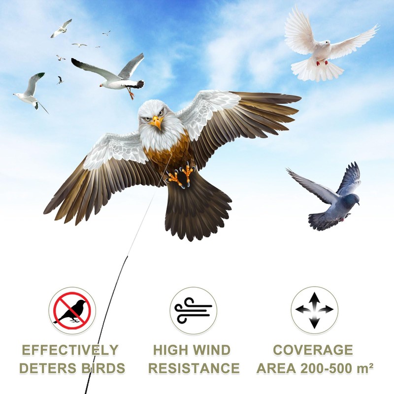 eyijklzo Bird Scarer Hawk Flying Kite with 13ft Telescopic Pole-White