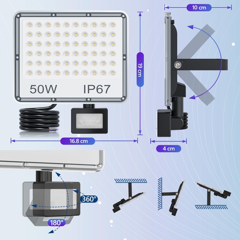 YIQIBRO LED Spotlight with Motion Sensor Outdoor 50 W, 5000