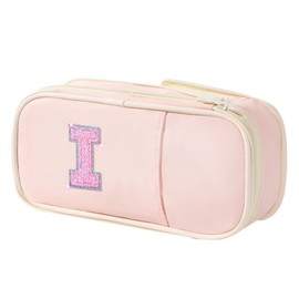 Preppy Pencil Case for School Supplies, Initial Large Pink Pencil Case Organizer with Zipper, Cute Pencil Bag Holder for Office, Ideal Birthday Gift for Kids,8,9,10 Years Old Girls, Adults--Pink I