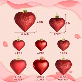24Pcs Heart Shaped Ornaments for Valentine Day, Red Heart Shaped Hanging Decorations in 2 Sizes, Glitter Glossy Love Baubles for Valentines Tree Wedding Party Decor