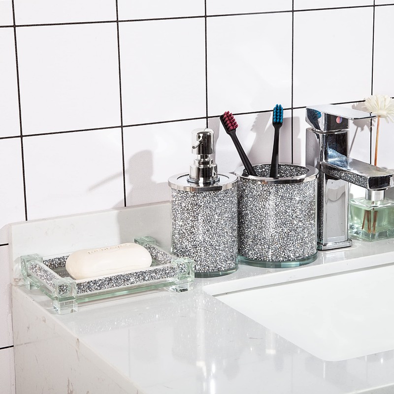 SHYFOY Bathroom Accessories Set, 3 Piece Silver Crystal Crushed Diamond