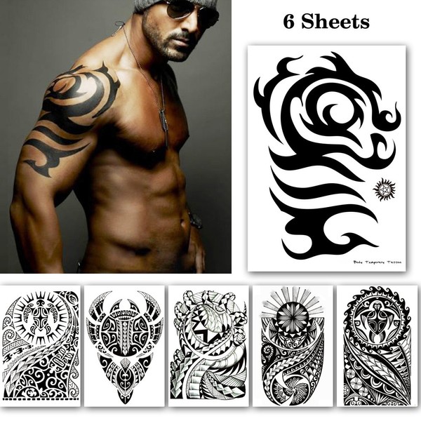 Leoars Black Large Temporary Tattoos, Big Tribal Totem Tattoo Sticker for Men Women Body Art Makeup, Fake Tattoo Waterproof Removable, 6-Sheet