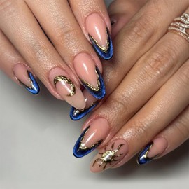 SEENEEY Medium Press on Nails Almond Fake Nails Blue Artificial Nail with Gold Charm Designs Cute French Stick on Nail for Women 24pcs