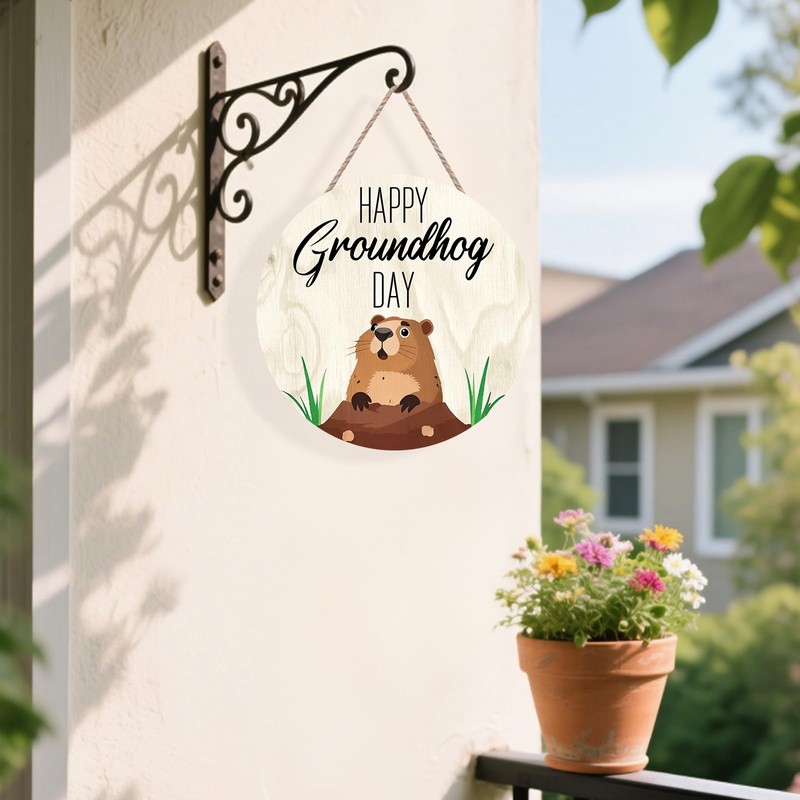Groundhog Day Round Sign 12x12in - Minimalist Wood Plaque with