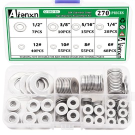 Aienxn 270PCS 8 SAE Sizes 304 Stainless Steel Flat Washers Assortment Kit 1/2 3/8 5/16 1/4 12# 10# 8# 6# for Electrical Connections on Household and Commercial appliances, auto and Marine Q-040-kit