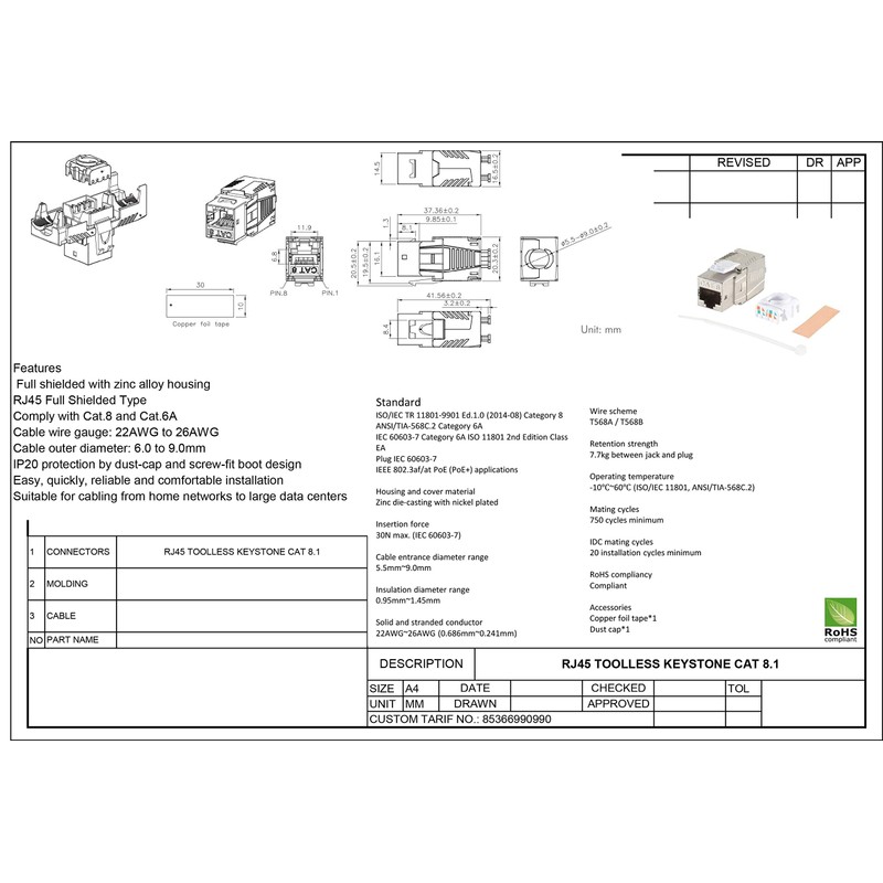 1aTTack.de 2 x CAT 8-2 x Keystone RJ45 Tool-Free CAT8