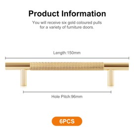 Gold 150MM Knurled Cupboard Handles, 6 Pack 96mm Hole Center T Bar Handles Knurled Drawer Handles Gold Modern Furniture Handles Long Wardrobe Door Handles Door Handles Kitchen Drawer Handles