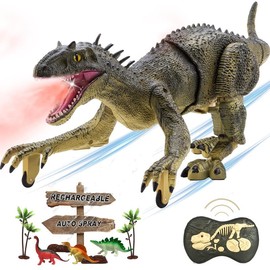 Springtok Remote Control Dinosaur T-Rex Toy for Kids Ages 3-7, RC Spray Raptor with LED Lights, Walking & Roaring, Rechargeable, Green