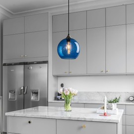 LBSQJ Blue Glass Pendant Lights Kitchen Island Lighting Globe Pendant Light Fixtures Modern Pendant Lighting for Kitchen Island Bedroom Living Dining Room Light Fixture(7.87in, 1-Pack)
