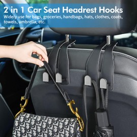 LYOOLY Car Hooks for Headrest, Leather Car Seat Back Storage Organizer Interior Accessories, Auto Seat Hook Hangers for Purse Umbrellas Handbag Clothes Coats Grocery Bags (Black-4 Pack)
